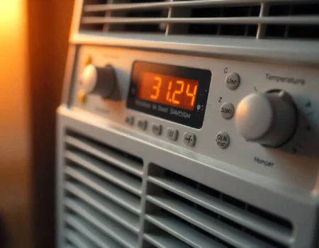 Arctic King AKW 06CR4 window air conditioner digital display showing temperature controls and ventilation grilles in warm ambient lighting for cooling review