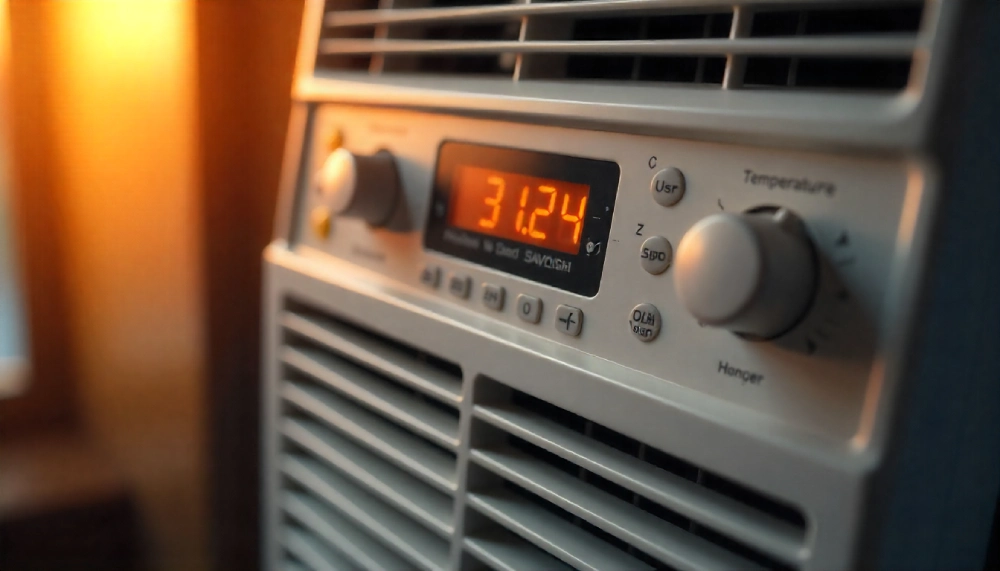 Arctic King AKW 06CR4 window air conditioner digital display showing temperature controls and ventilation grilles in warm ambient lighting for cooling review