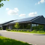 Modern commercial building with solar panels and clean landscaping, representing dubuque roofing company brent john deere and their reliable roofing solutions in Dubuque.