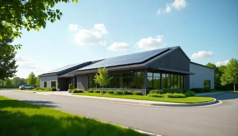 Modern commercial building with solar panels and clean landscaping, representing dubuque roofing company brent john deere and their reliable roofing solutions in Dubuque.