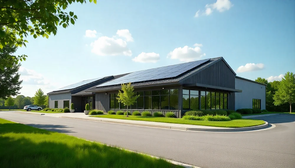 Modern commercial building with solar panels and clean landscaping, representing dubuque roofing company brent john deere and their reliable roofing solutions in Dubuque.