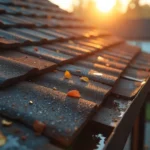 Close-up of roof tiles with autumn leaves and morning dew, symbolizing roofing cop guidance for seasonal roof care, inspection, and maintenance.