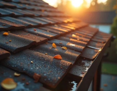 Close-up of roof tiles with autumn leaves and morning dew, symbolizing roofing cop guidance for seasonal roof care, inspection, and maintenance.