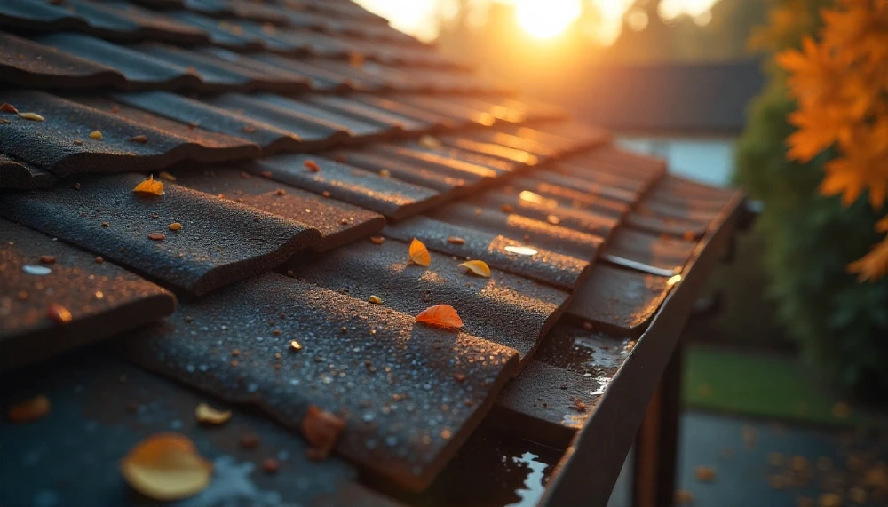 Close-up of roof tiles with autumn leaves and morning dew, symbolizing roofing cop guidance for seasonal roof care, inspection, and maintenance.