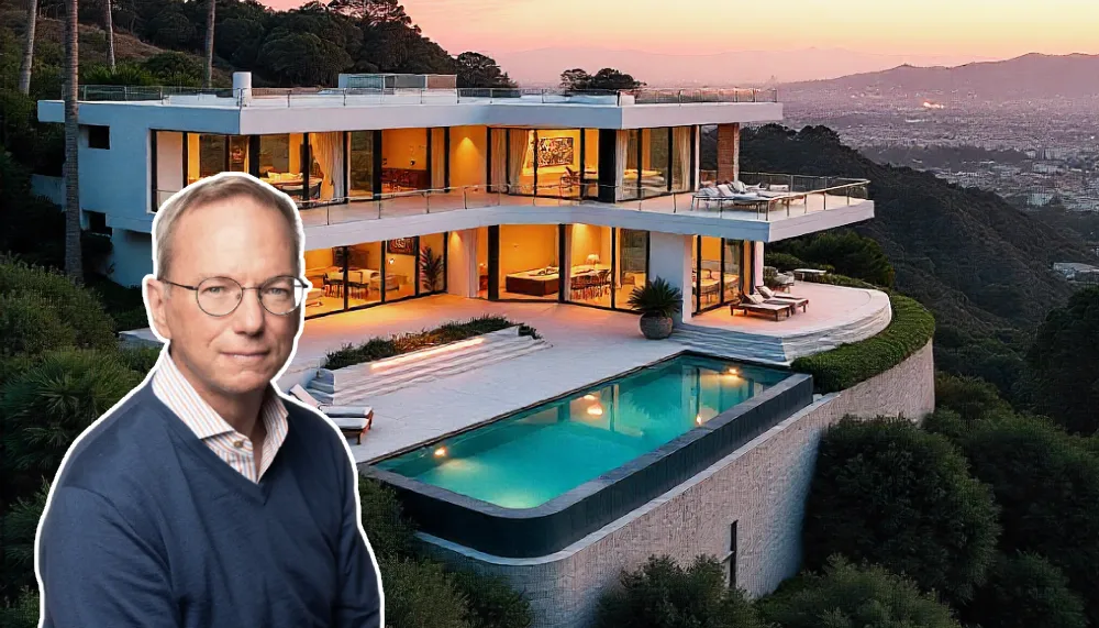 Eric Schmidt house exterior showcasing modern architecture and large glass windows.