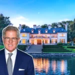 Aerial shot of Jay Schottenstein’s large luxury mansion with manicured gardens and a swimming pool.