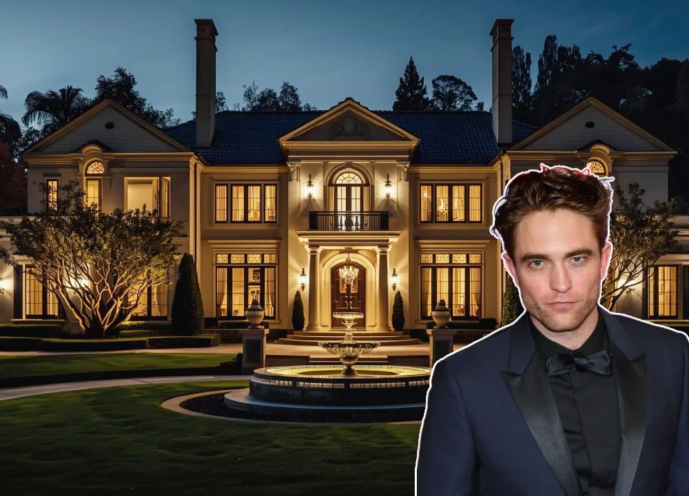 Robert Pattinson standing in front of a Spanish Colonial Revival home, symbolizing his Hollywood Hills real estate portfolio.