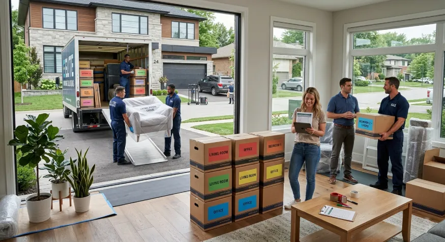 Professional movers loading labeled boxes into a moving truck during a well-organized home relocation