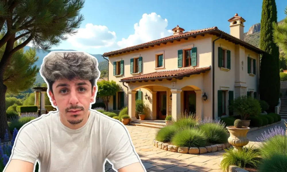 FaZe Rug House Address: Location and Property Details FaZe Rug posing outside his Spanish-style mansion in Poway, California, with pool and luxury features visible.