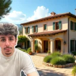 FaZe Rug posing outside his Spanish-style mansion in Poway, California, with pool and luxury features visible.
