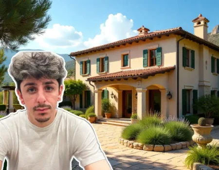 FaZe Rug posing outside his Spanish-style mansion in Poway, California, with pool and luxury features visible.