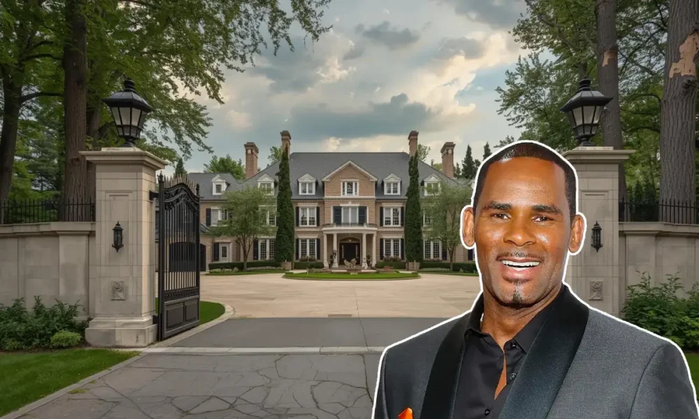 R Kelly house Olympia Fields exterior with security gates and tree-lined driveway