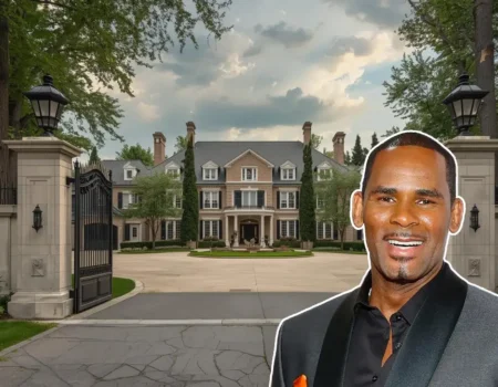 R Kelly house Olympia Fields exterior with security gates and tree-lined driveway