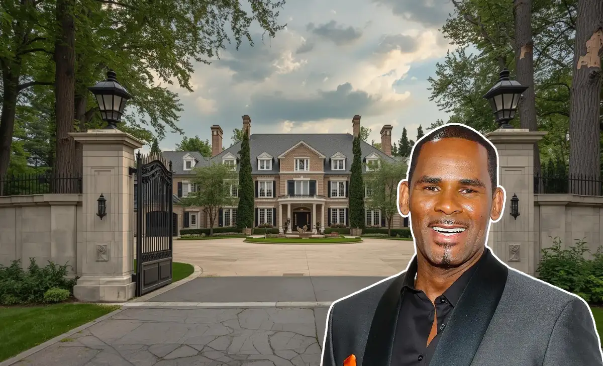 R Kelly house Olympia Fields exterior with security gates and tree-lined driveway
