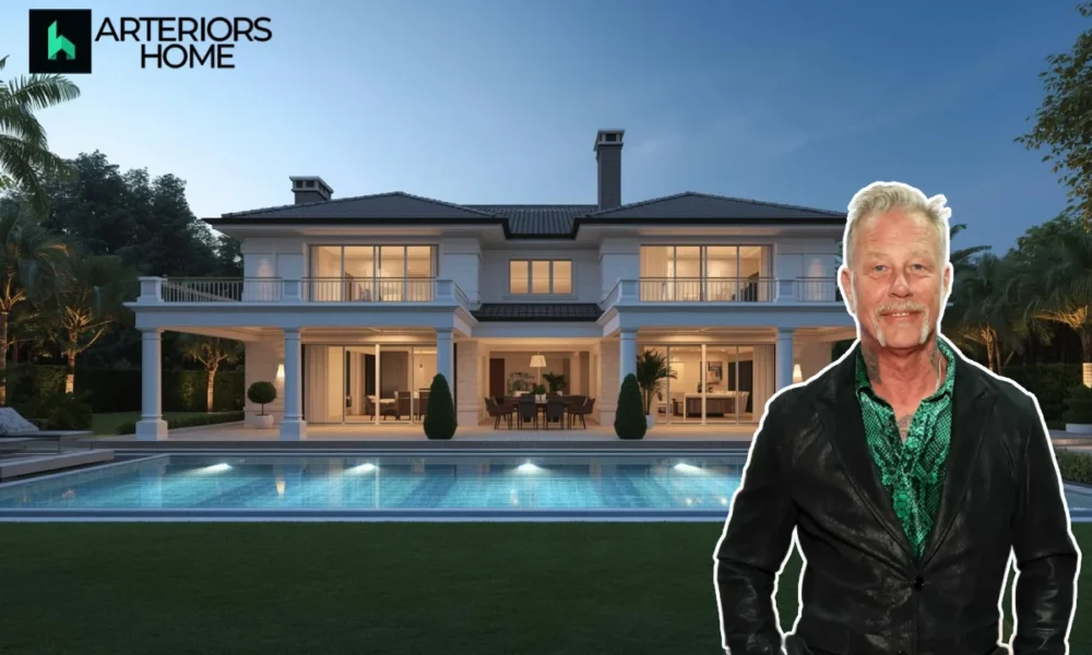 Luxury mountain home with large windows, wooden beams, and snow-covered Vail ski slopes in the background, owned by Metallica frontman James Hetfield.