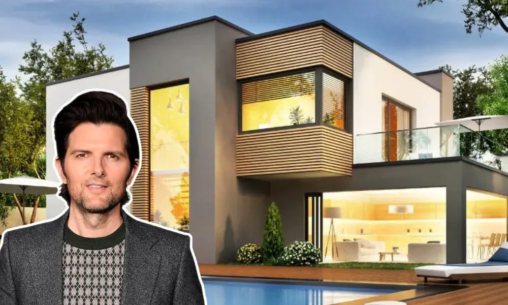 Adam Scott house exterior in Hollywood, a private modern mansion surrounded by trees, reflecting the actor’s quiet family lifestyle away from the spotlight.