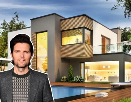 Adam Scott house exterior in Hollywood, a private modern mansion surrounded by trees, reflecting the actor’s quiet family lifestyle away from the spotlight.