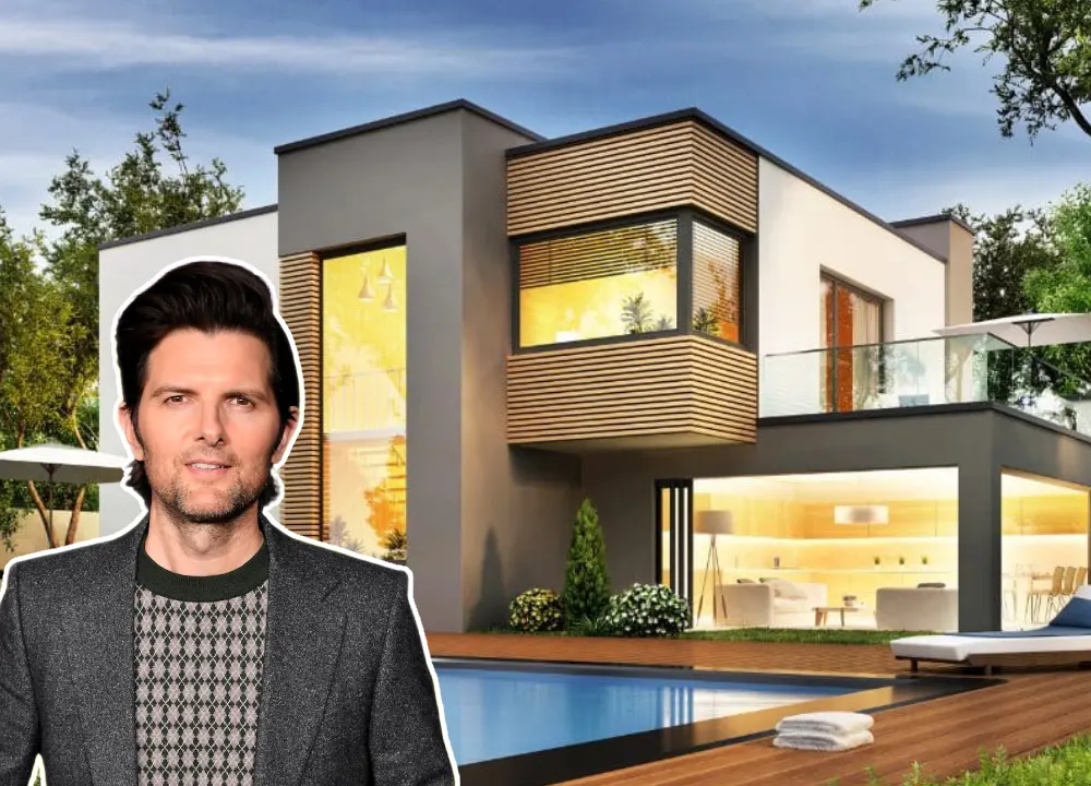 Adam Scott house exterior in Hollywood, a private modern mansion surrounded by trees, reflecting the actor’s quiet family lifestyle away from the spotlight.