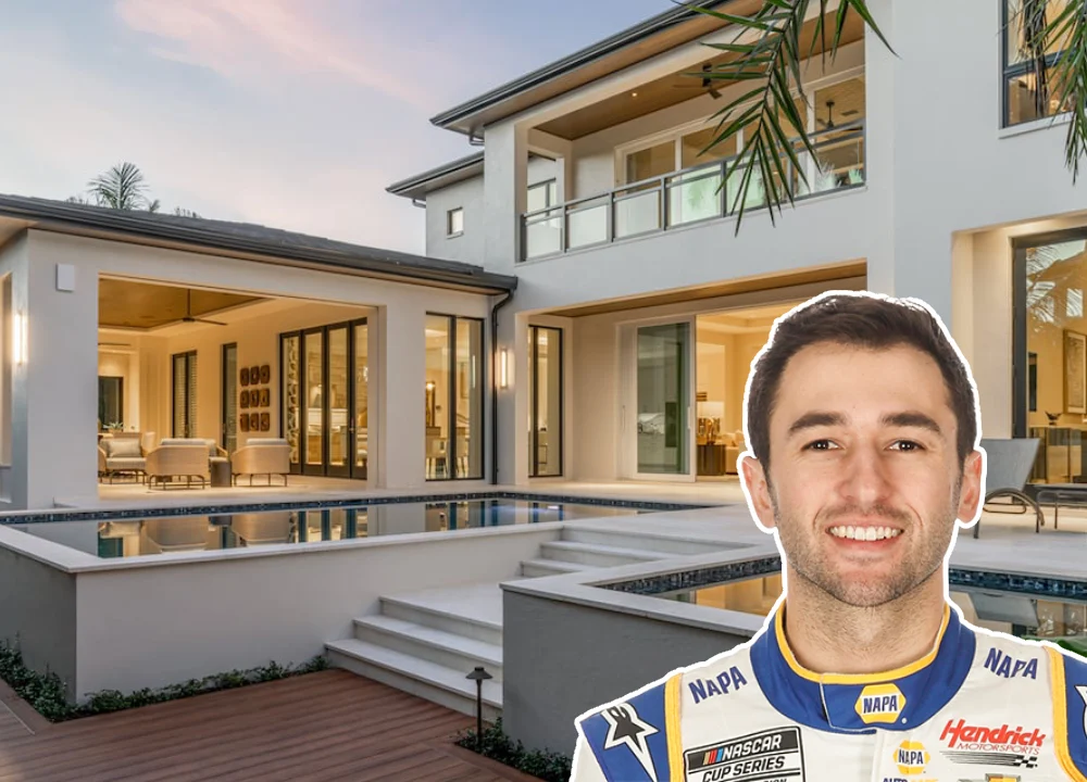 Chase Elliott house in Dawsonville, Georgia featuring a modern rustic mansion with wooden accents, large glass windows, and a pool surrounded by open green pastureland.