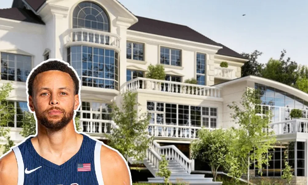 Stephen Curry’s $30 million mansion in Atherton, California — a modern two-story estate with a pool, cabana, and basketball court surrounded by lush landscaping and gated privacy.