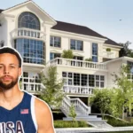Stephen Curry’s $30 million mansion in Atherton, California — a modern two-story estate with a pool, cabana, and basketball court surrounded by lush landscaping and gated privacy.
