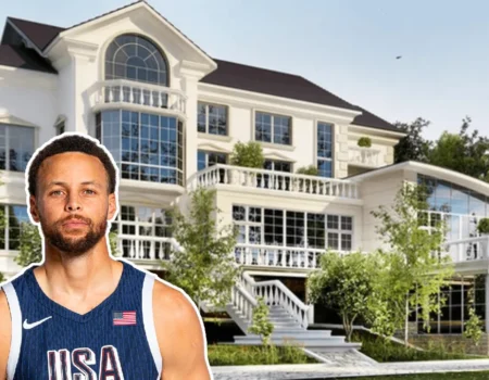 Stephen Curry’s $30 million mansion in Atherton, California — a modern two-story estate with a pool, cabana, and basketball court surrounded by lush landscaping and gated privacy.