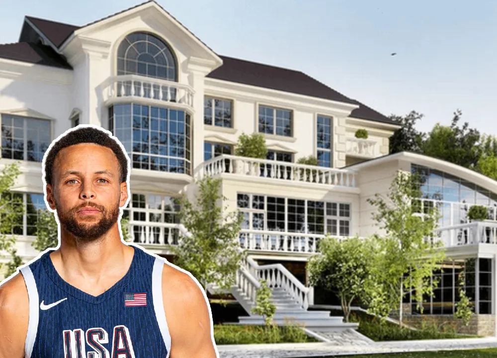Stephen Curry’s $30 million mansion in Atherton, California — a modern two-story estate with a pool, cabana, and basketball court surrounded by lush landscaping and gated privacy.