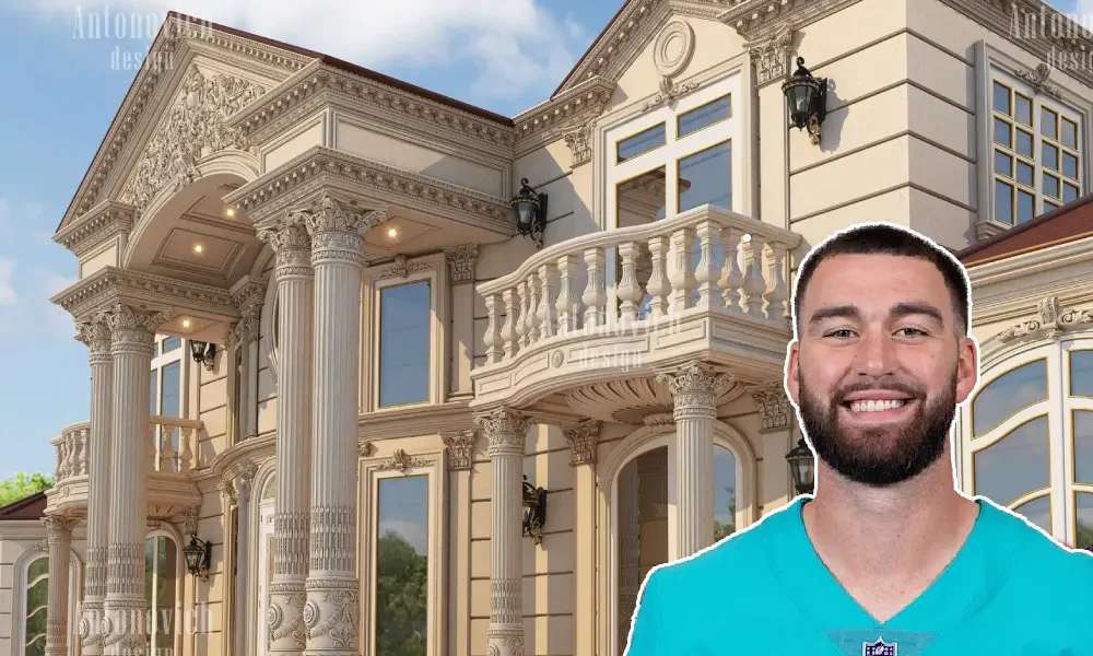 Skylar Thompson’s South Florida home — a modern, modest residence with tropical landscaping, palm trees, and a clean contemporary design reflecting the lifestyle of a young NFL quarterback.