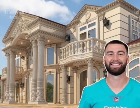 Skylar Thompson’s South Florida home — a modern, modest residence with tropical landscaping, palm trees, and a clean contemporary design reflecting the lifestyle of a young NFL quarterback.