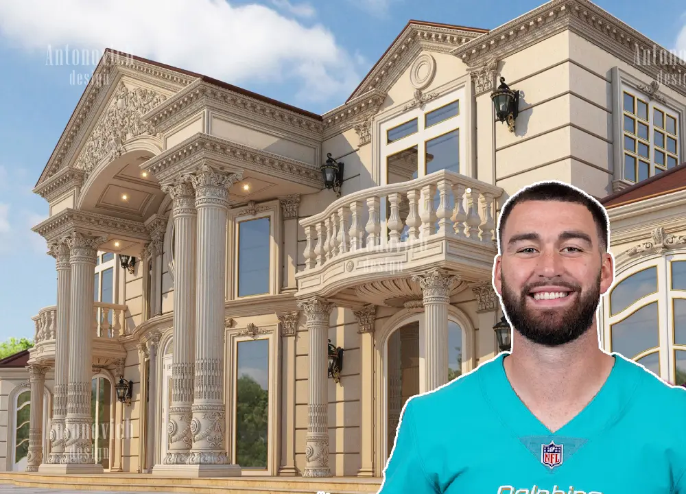 Skylar Thompson’s South Florida home — a modern, modest residence with tropical landscaping, palm trees, and a clean contemporary design reflecting the lifestyle of a young NFL quarterback.