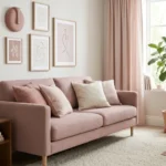 A styled modern living room featuring a dusty pink sofa, curtains, pillows, and framed art against neutral walls.