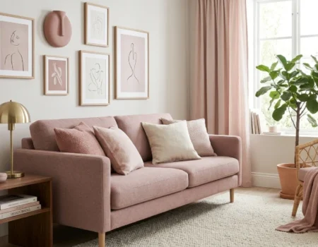 A styled modern living room featuring a dusty pink sofa, curtains, pillows, and framed art against neutral walls.