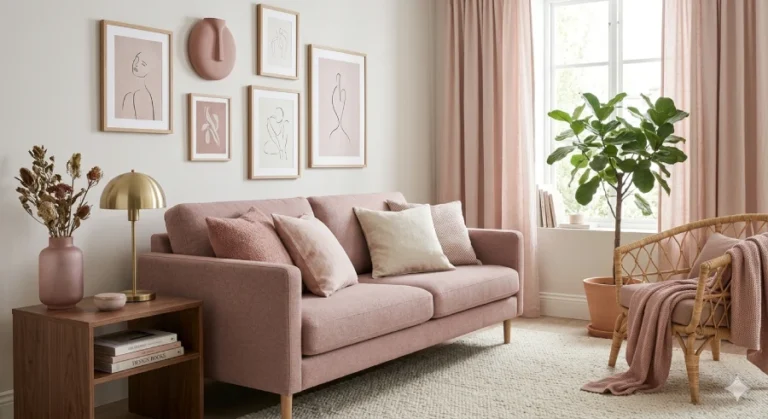 A styled modern living room featuring a dusty pink sofa, curtains, pillows, and framed art against neutral walls.