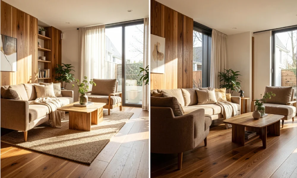 Side-by-side comparison of hardwood flooring and vinyl plank flooring in a modern home, highlighting real wood texture versus durable, water-resistant surface