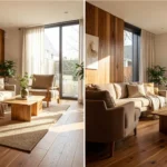 Side-by-side comparison of hardwood flooring and vinyl plank flooring in a modern home, highlighting real wood texture versus durable, water-resistant surface