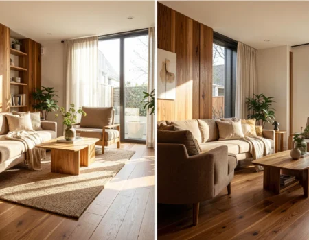Side-by-side comparison of hardwood flooring and vinyl plank flooring in a modern home, highlighting real wood texture versus durable, water-resistant surface