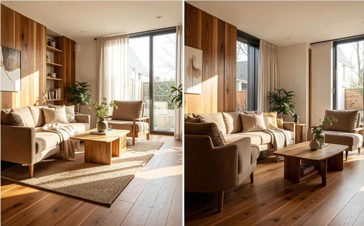 Side-by-side comparison of hardwood flooring and vinyl plank flooring in a modern home, highlighting real wood texture versus durable, water-resistant surface