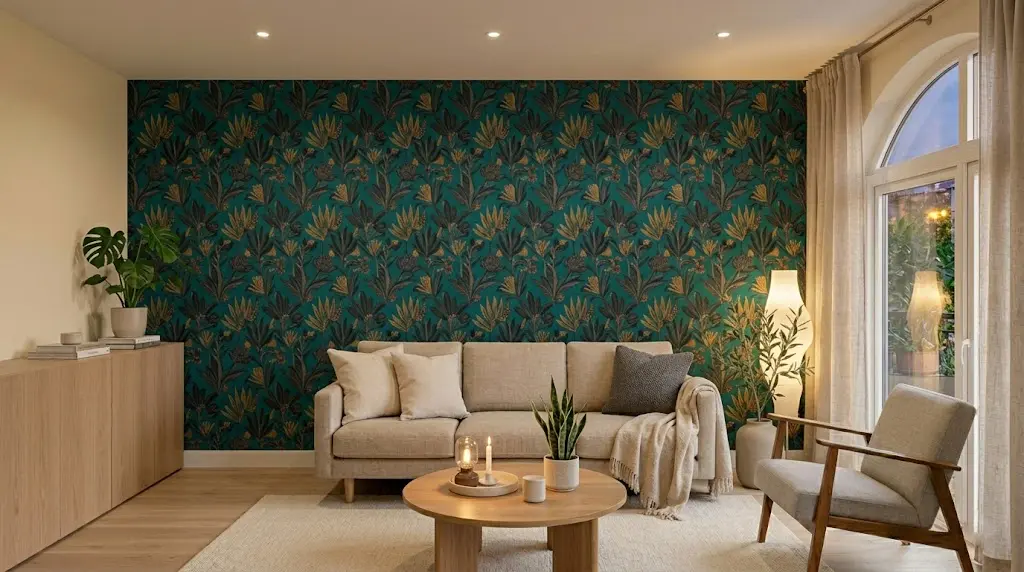 accent wall wallpaper behind sofa living room