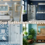 blue bathroom ideas collage with modern, navy, pastel, and spa styles