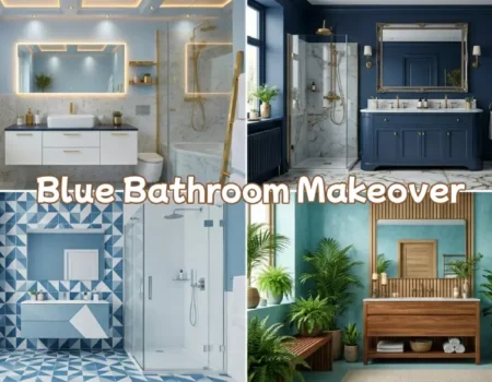 blue bathroom ideas collage with modern, navy, pastel, and spa styles