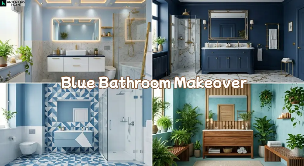 blue bathroom ideas collage with modern, navy, pastel, and spa styles