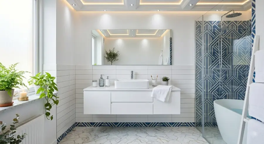 blue and white bathroom with geometric tile design