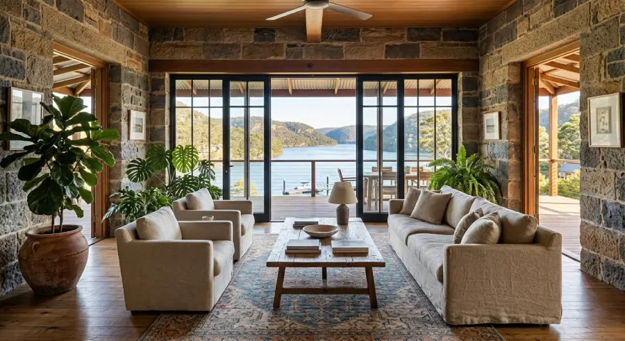 Cate Blanchett house living room interior with bluestone walls and river views