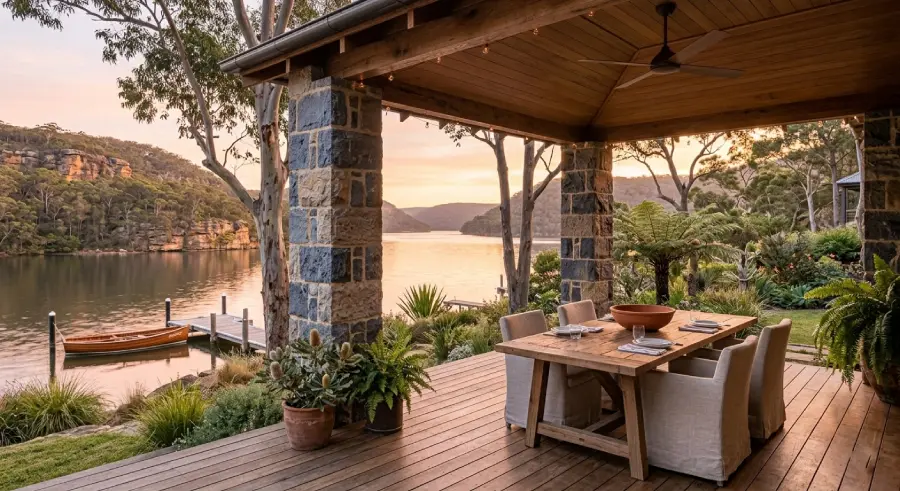 Cate Blanchett house outdoor pavilion and private jetty on Hawkesbury River