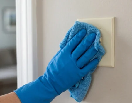 Close-up of cleaning gloved hands wiping a light switch, demonstrating a corrected mistake.