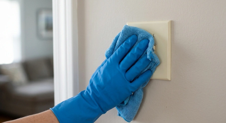 Close-up of cleaning gloved hands wiping a light switch, demonstrating a corrected mistake.