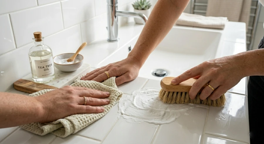 natural bathroom cleaning baking soda paste tea tree oil mildew removal