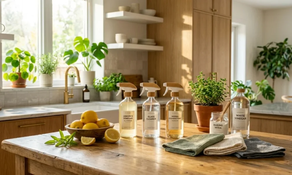 eco-friendly cleaning hacks using baking soda vinegar lemon in modern kitchen