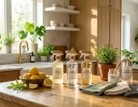 eco-friendly cleaning hacks using baking soda vinegar lemon in modern kitchen