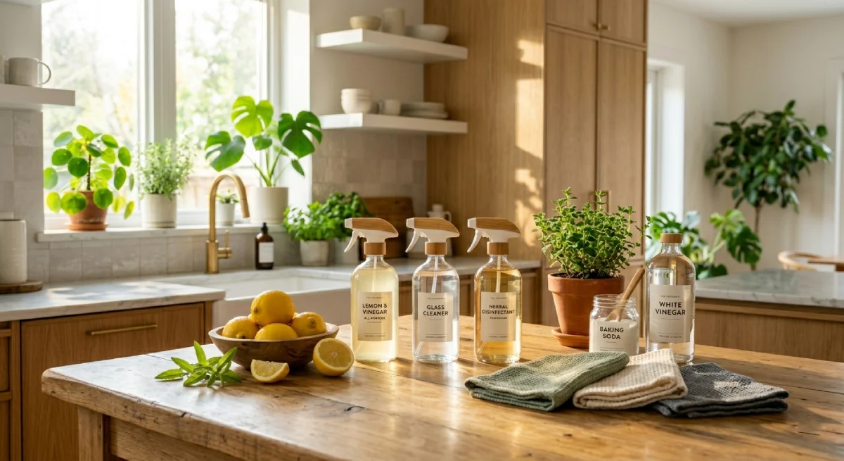 eco-friendly cleaning hacks using baking soda vinegar lemon in modern kitchen